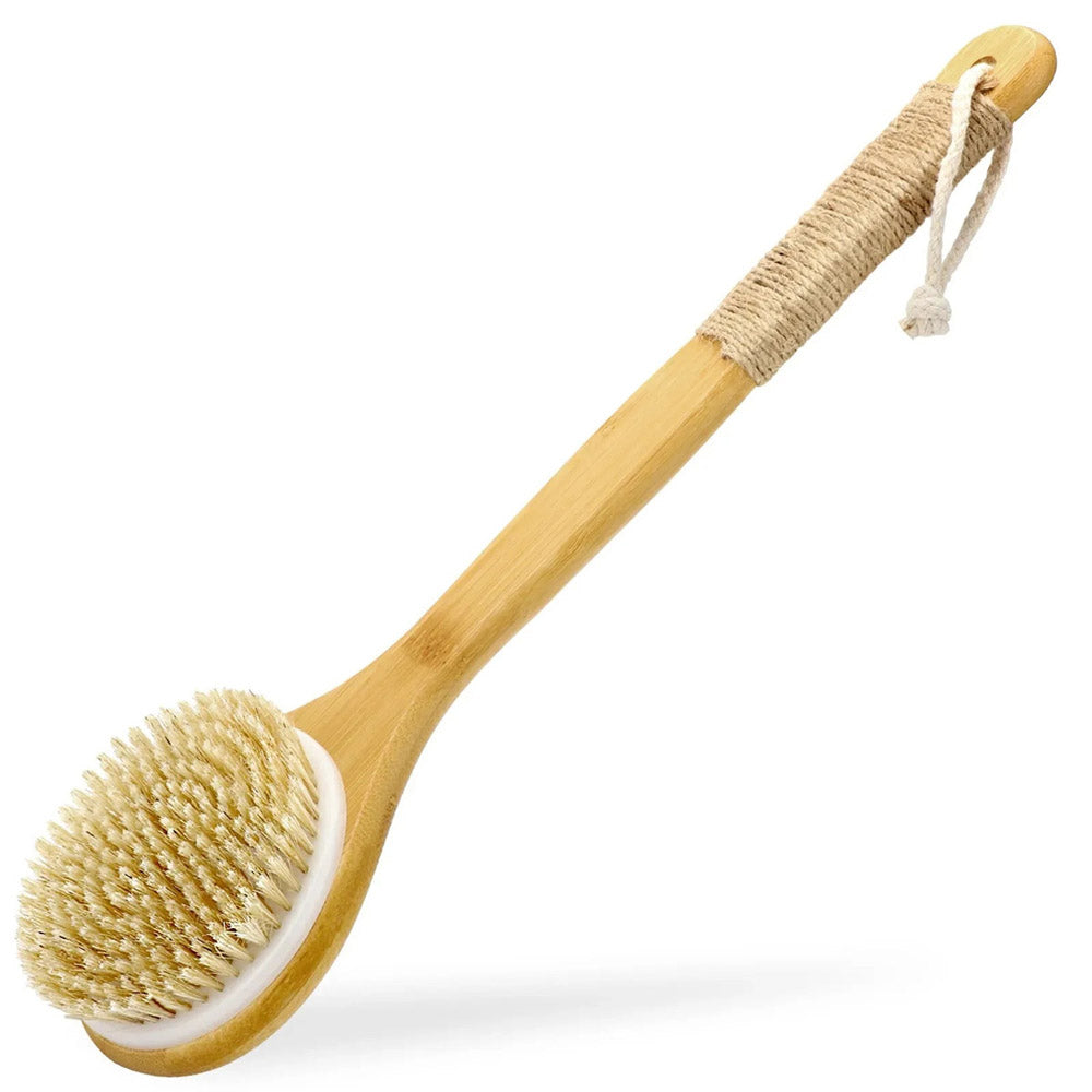 Bamboo Bath Body Brush Exfoliating Soft Bristles Shower Massage Loofah Back Scrubber With Anti-Slip Long Handle & Hanging Rope - Body Spa Washing