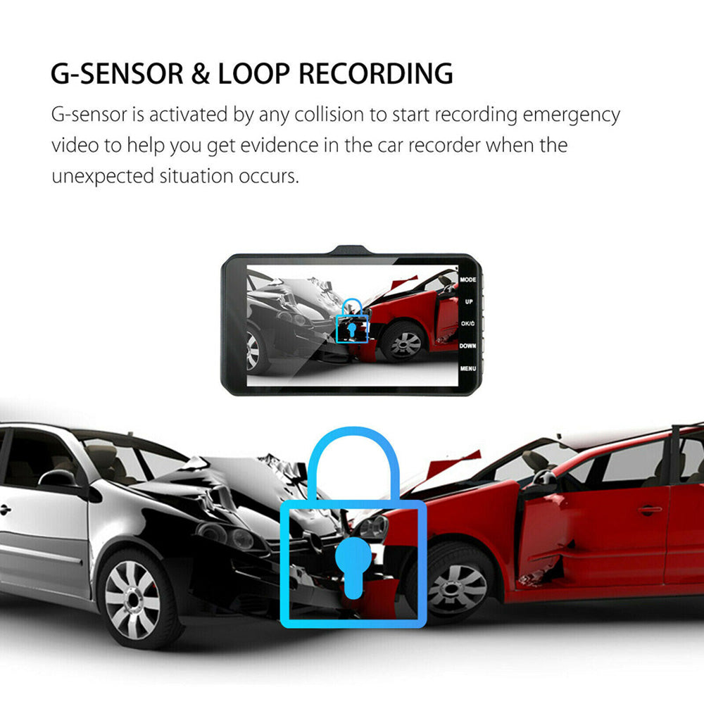Touch Screen Dash Cam 4" 1080P Dual Lens Car DVR Recorder Front and Rear Camera