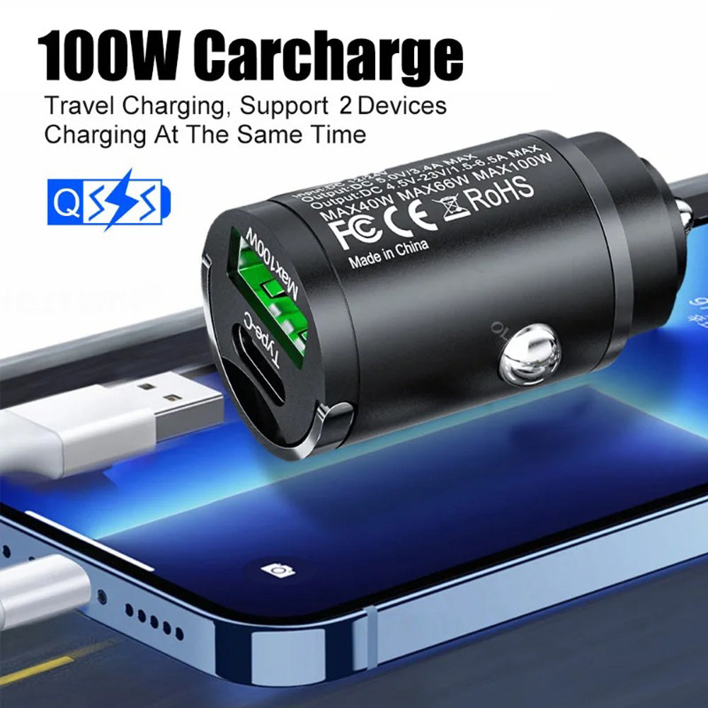 100W Type C USB Phone Charger QC3.0 Black Fast Charging Car Interior Accessories