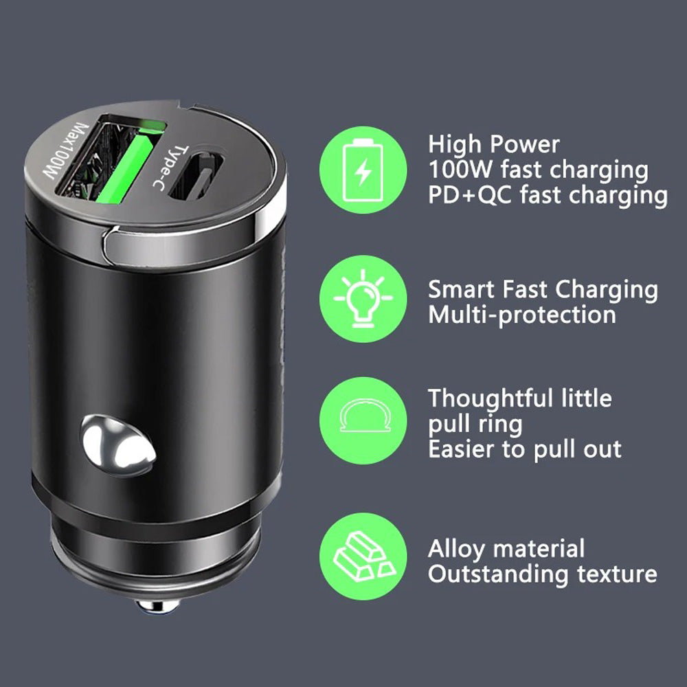 100W Type C USB Phone Charger QC3.0 Black Fast Charging Car Interior Accessories
