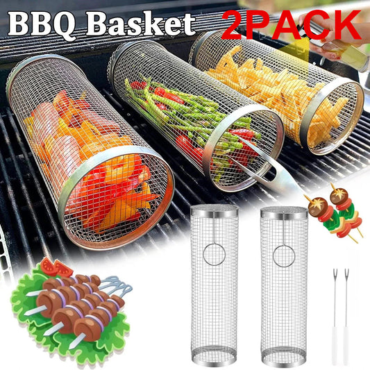 2 Pack Rolling Grilling Basket Stainless Steel For BBQ Grill Outdoor Tools US