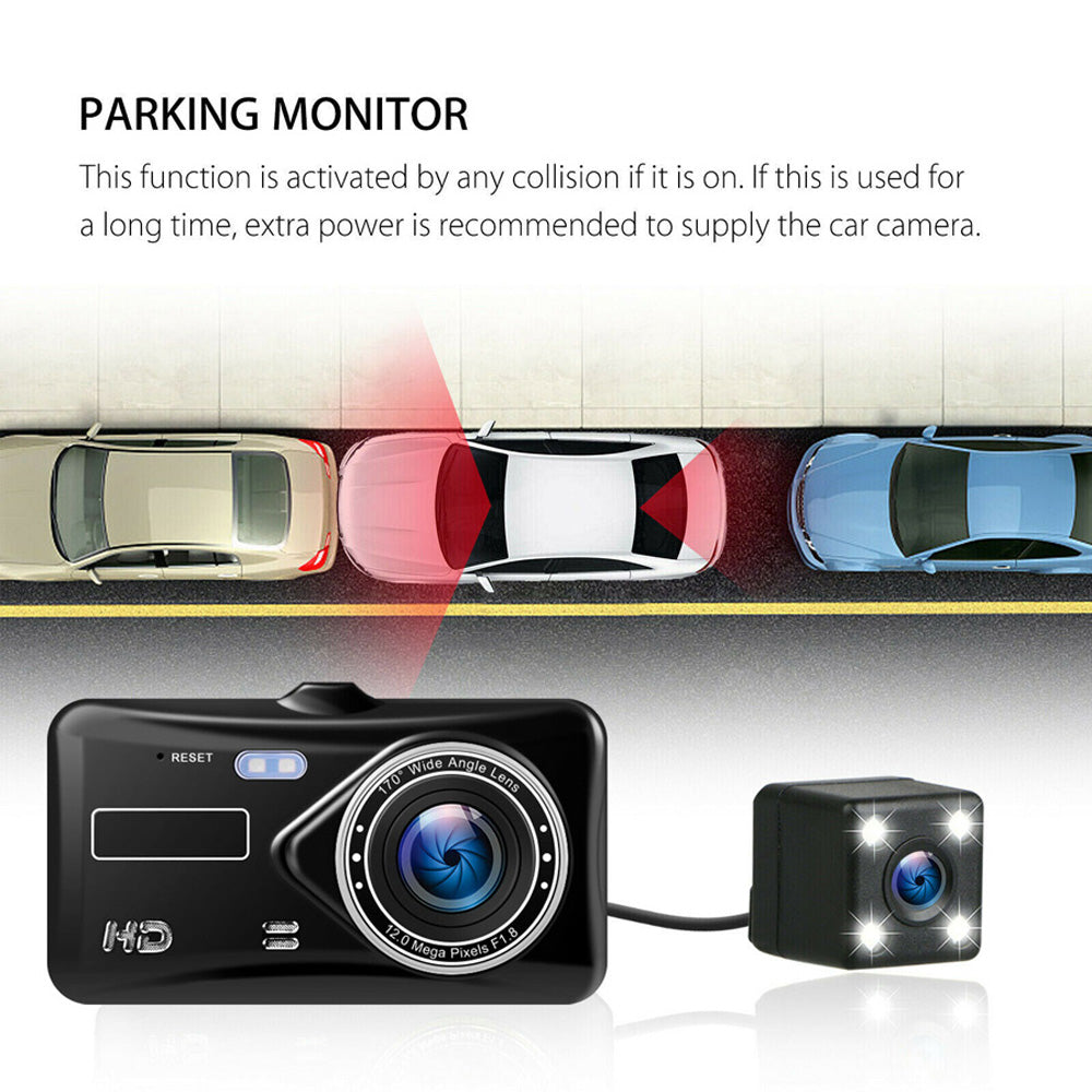 Touch Screen Dash Cam 4" 1080P Dual Lens Car DVR Recorder Front and Rear Camera